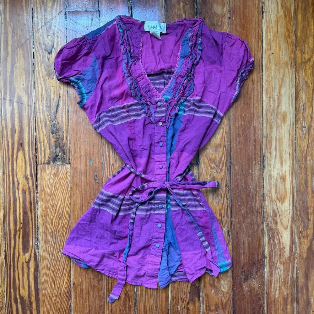 Retro blue purple button up top
